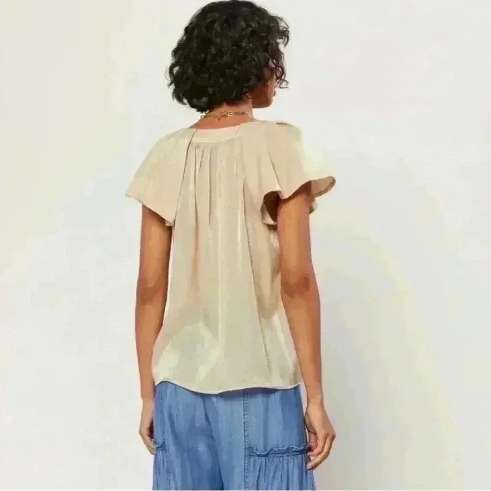 LUMINARY Gold Sparkle Pleated Top With Flutter Sleeves Size XS